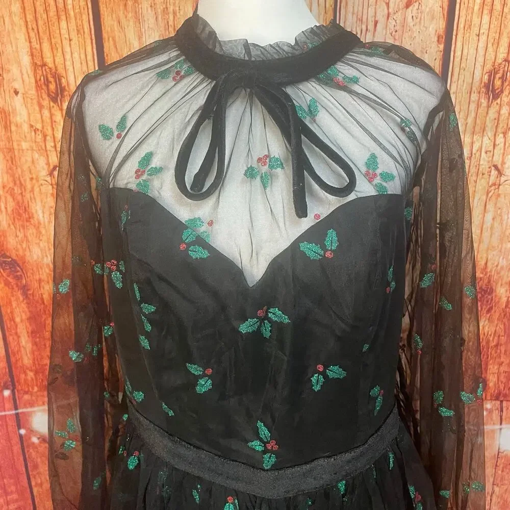 NWT Unique Vintage Holiday Dress Size 1X/16 Party Mistletoe Long Sleeve Mesh
